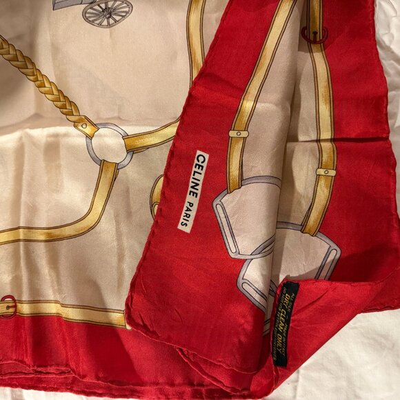 celine silk sq red tan carriage brand bridal print unisex - Picture 6 of 8